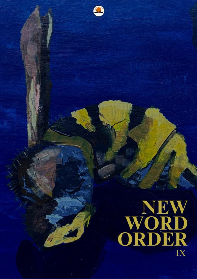 Painting of a honeybee curled into itself on top of a dark blue background. The words "New Word Order IX" are set in the bottom right-hand corner with the New Word Order logo at the top